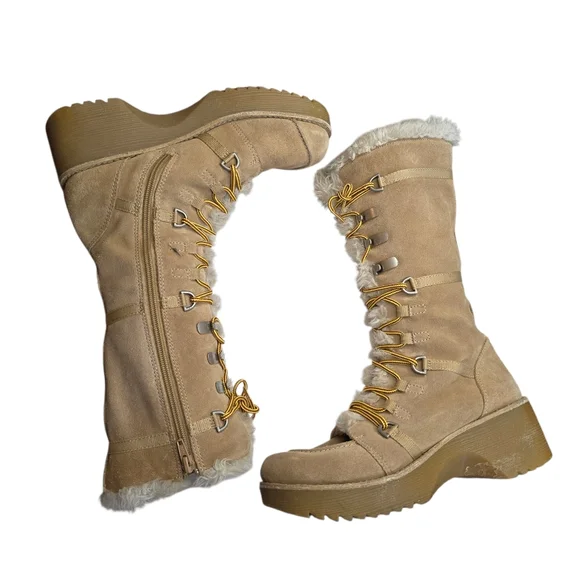 Report Icon Leather Tan Faux Fur Chunky Platform Lace Up Boots 7.5 - Picture 3 of 10